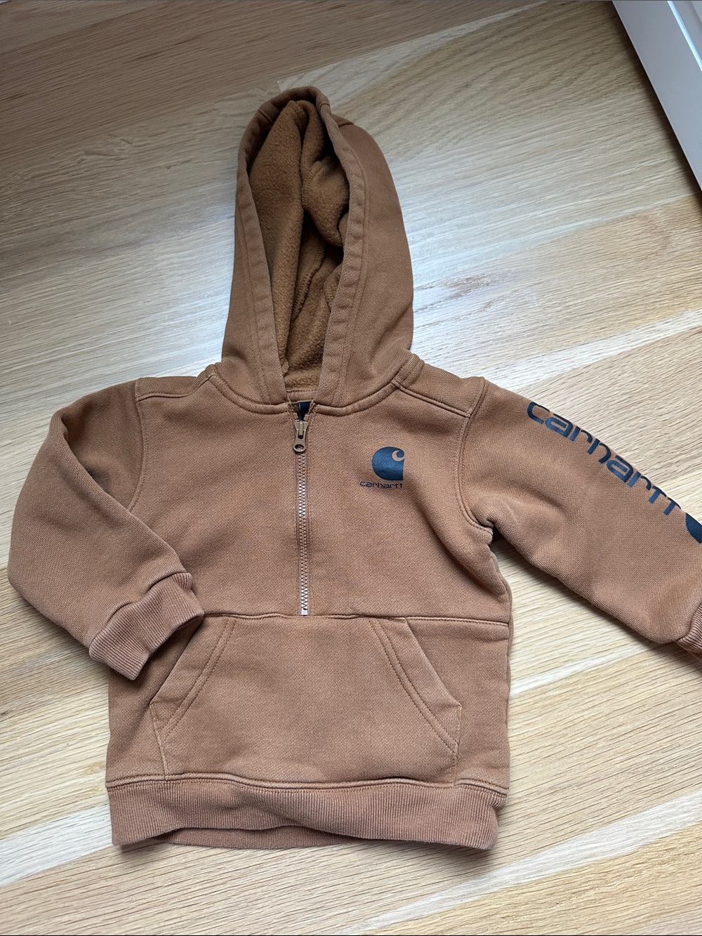 Carhartt Kids Tan Half-Zip Hooded Sweatshirt with Logo